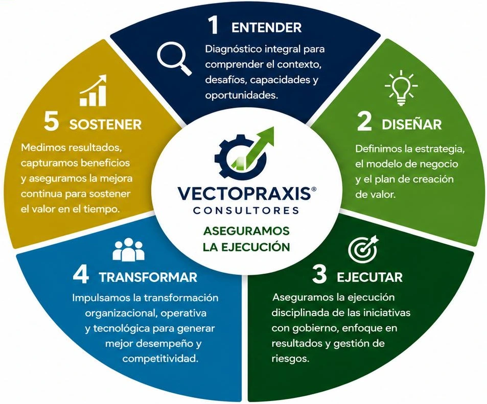 Modelo Vectopraxis: entender, diseñar, ejecutar, transformar y sostener. Aseguramos la ejecución.